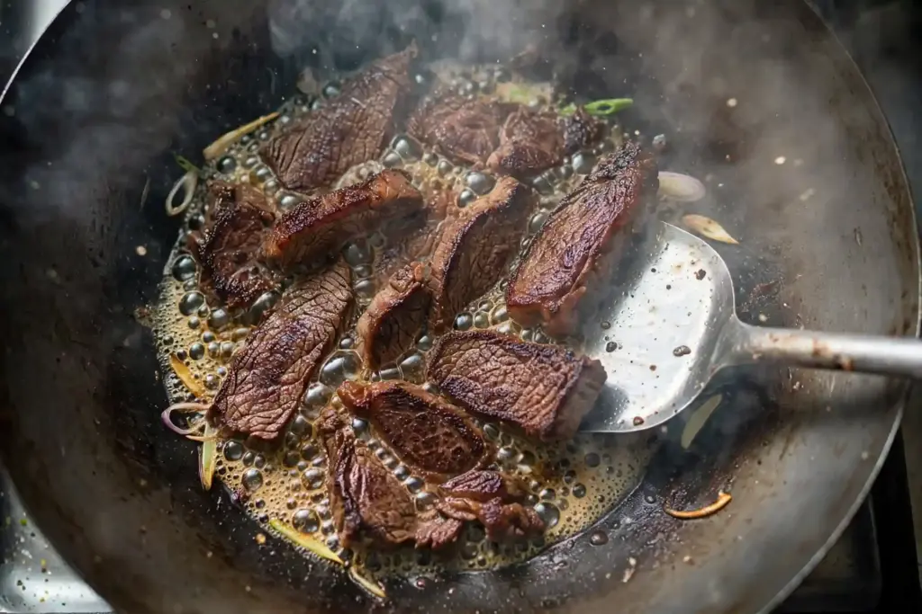Beef and Broccoli 3 Sliced beef searing in a wok with browned edges before saucing