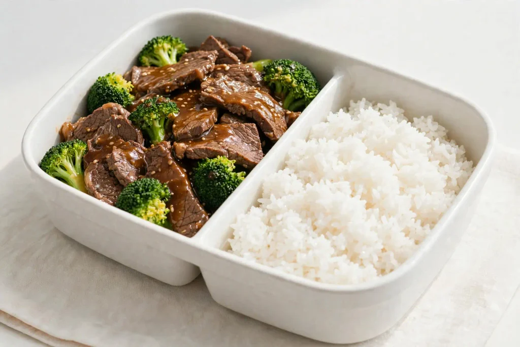 Beef and Broccoli 4 Beef and broccoli portioned into a meal-prep container for storage