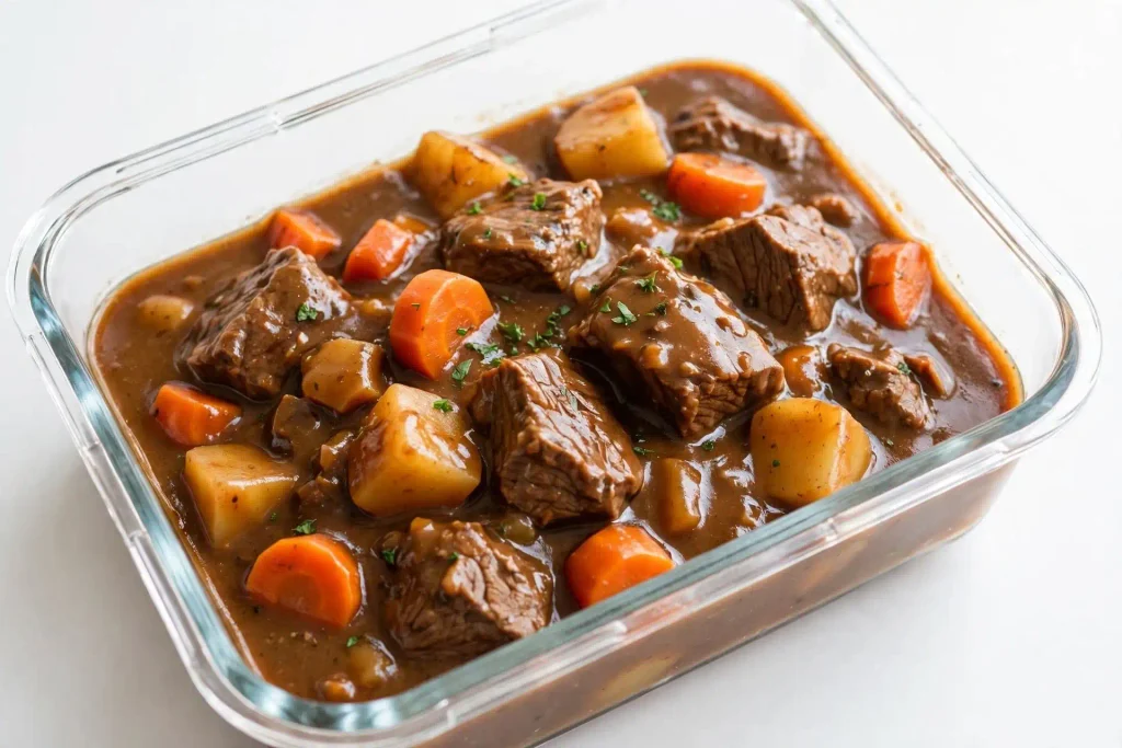 Beef Stew 4 Roux-based beef stew portioned into a storage container