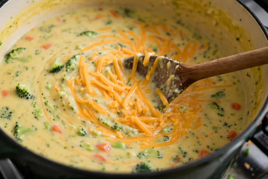 Broccoli Cheddar Soup 3 Stirring grated cheddar into broccoli soup off the heat to prevent graininess