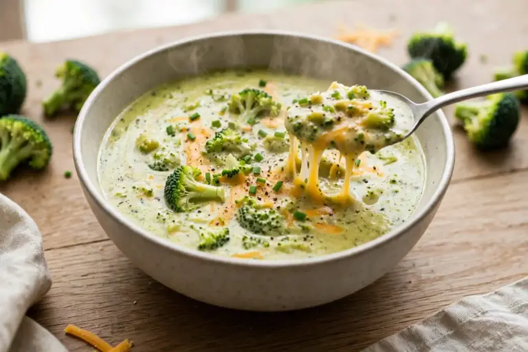 Broccoli Cheddar Soup 4 Creamy broccoli cheddar soup in a ceramic bowl with visible broccoli florets, overhead view
