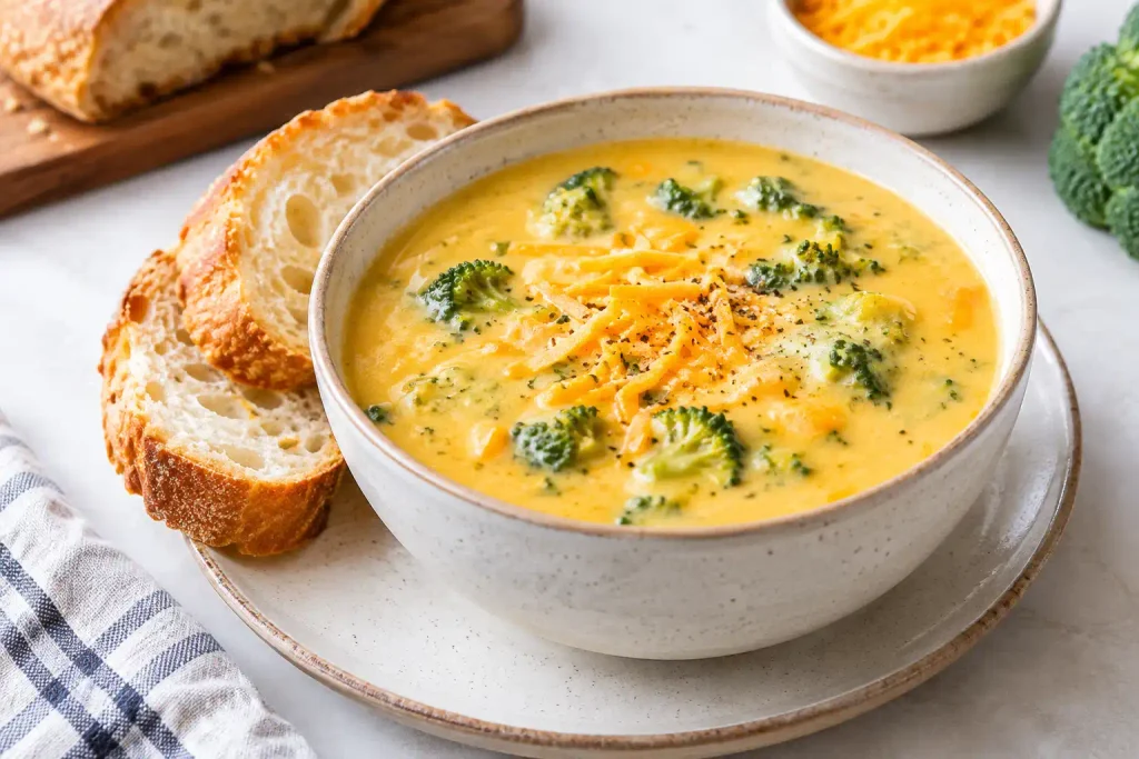 Broccoli Cheddar Soup 4 Bowl of broccoli cheddar soup served with crusty bread on the side