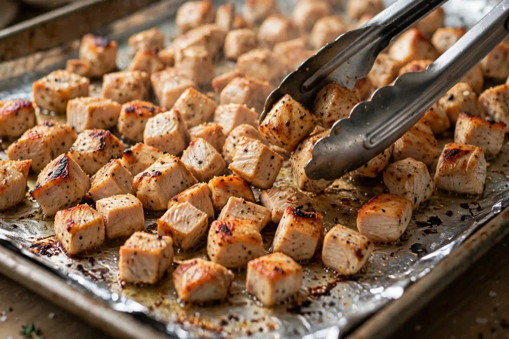 Butter Chicken 3 Marinated chicken pieces broiling on a baking sheet with charred edges for butter chicken