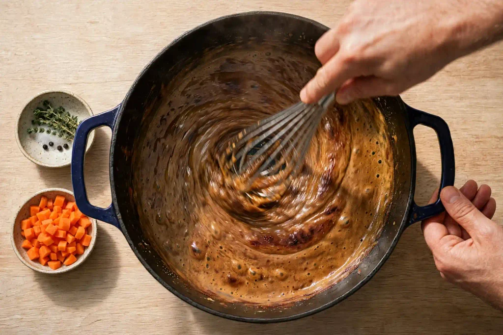 Beef Stew 3 Whisking a browned flour roux for beef stew broth