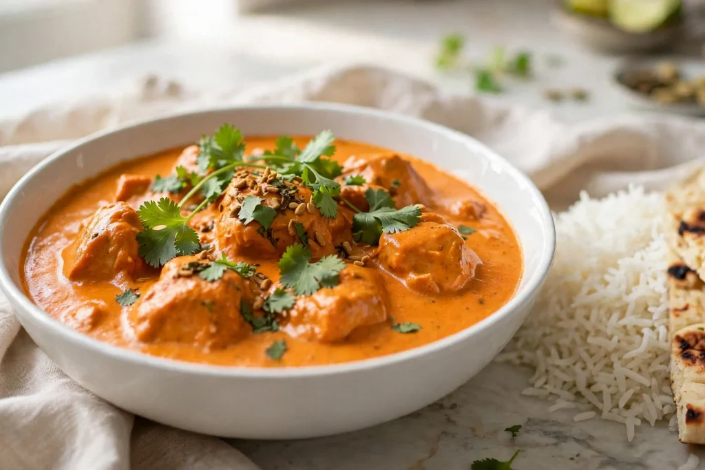 Butter Chicken 4 Butter chicken served with basmati rice and naan bread on a dinner plate