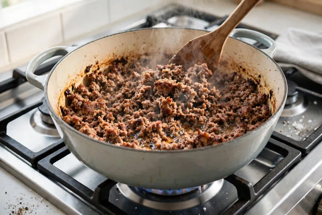 Cheeseburger Soup 3 Ground beef browning with crispy edges before making cheeseburger soup