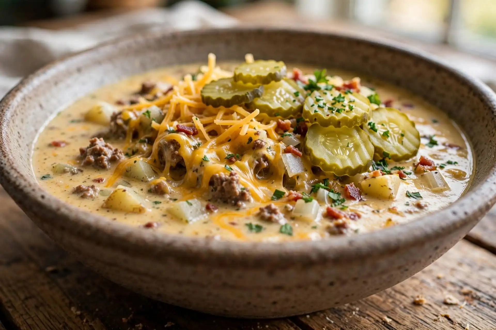 Cheeseburger Soup 5 Overhead view of cheeseburger soup topped with shredded cheddar and diced pickles