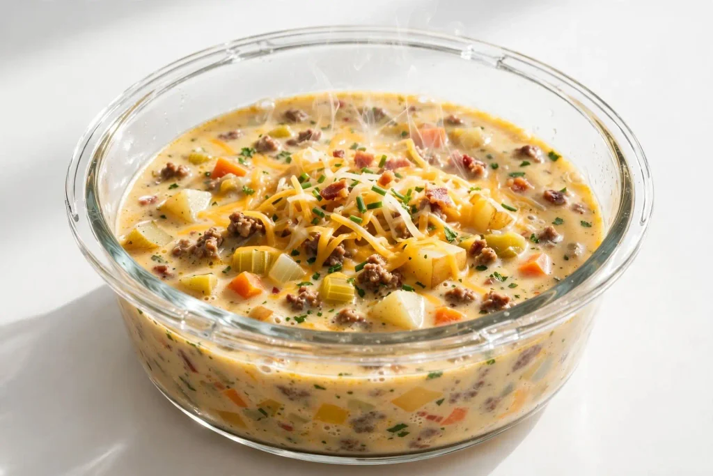 Cheeseburger Soup 4 Cheeseburger soup portioned into a storage container with cheddar on top