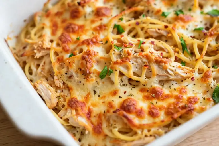 Chicken Spaghetti 8 Baked chicken spaghetti in a skillet with melted cheese and golden top