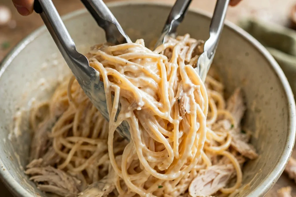 Roux-based cheese sauce being whisked with chicken and pasta folded in