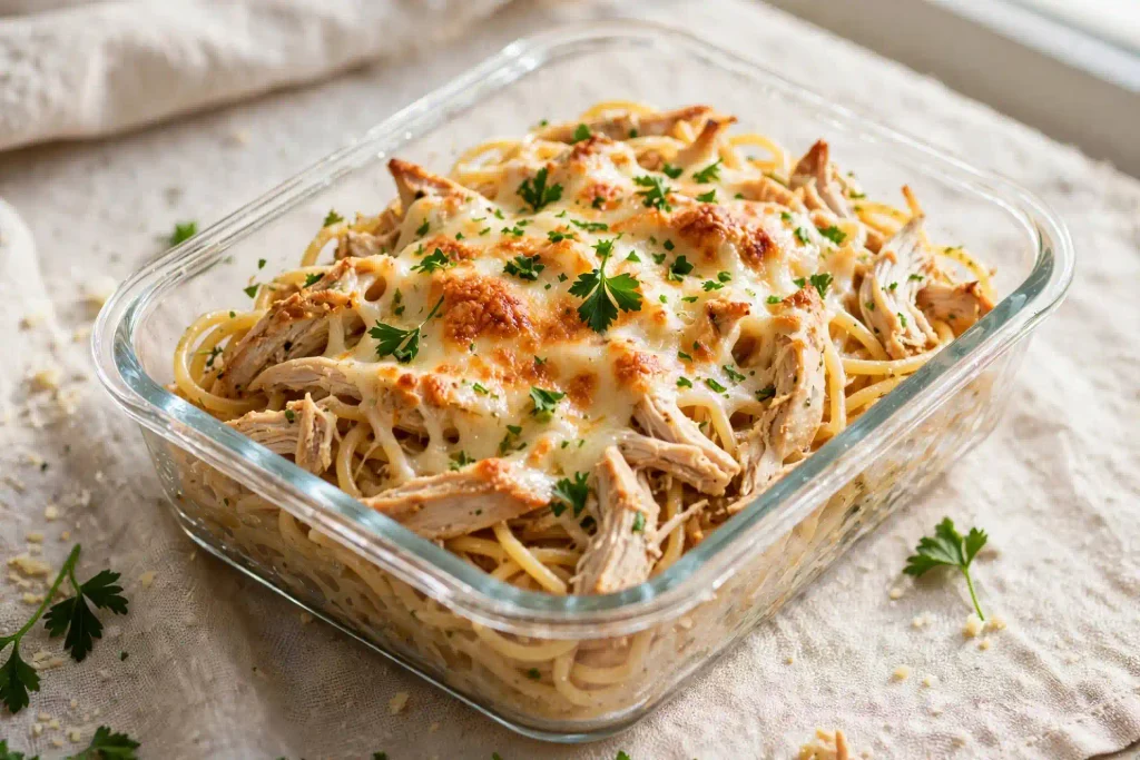 Chicken spaghetti portioned into a glass meal prep container with cheese topping