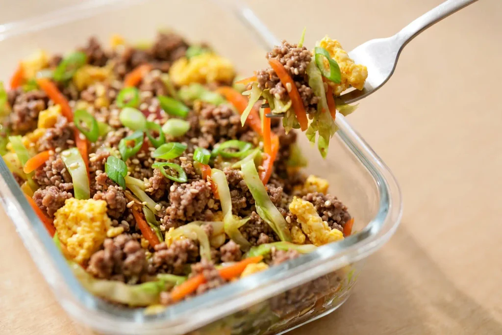 Egg Roll in a Bowl 4 Egg roll in a bowl portioned into a storage container for leftovers