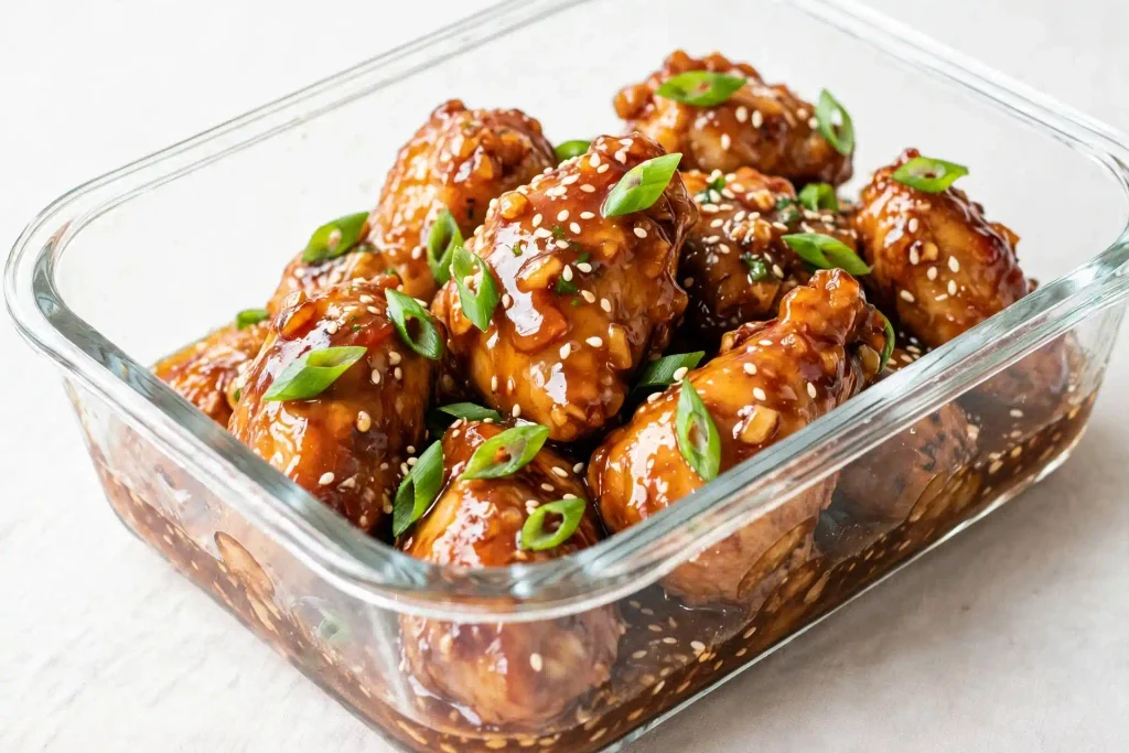 Honey garlic chicken thighs stored in a glass container with sauce spooned over top