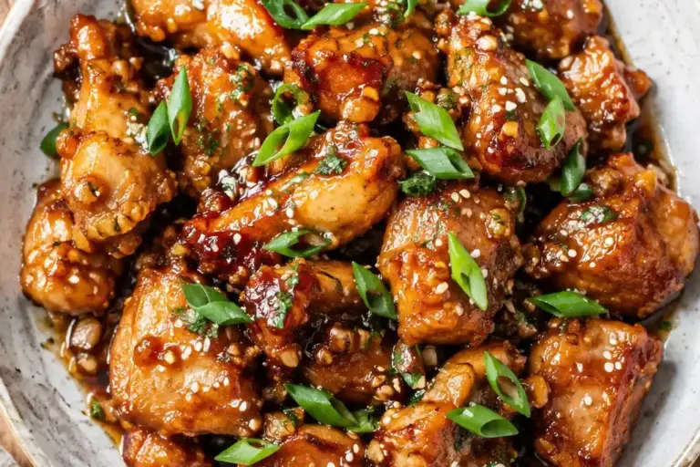 Honey Garlic Chicken 2 Glossy honey garlic chicken thighs on a white plate with sesame and green onion garnish