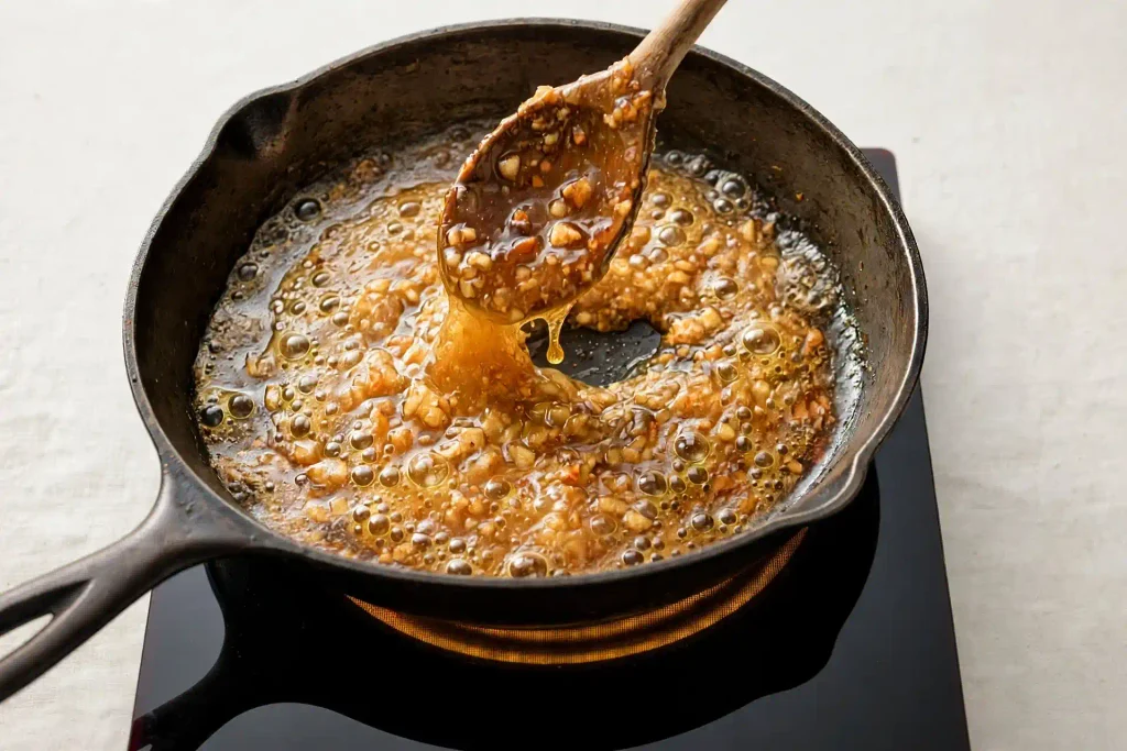 Honey garlic sauce reducing in a skillet with visible caramelized bits and garlic