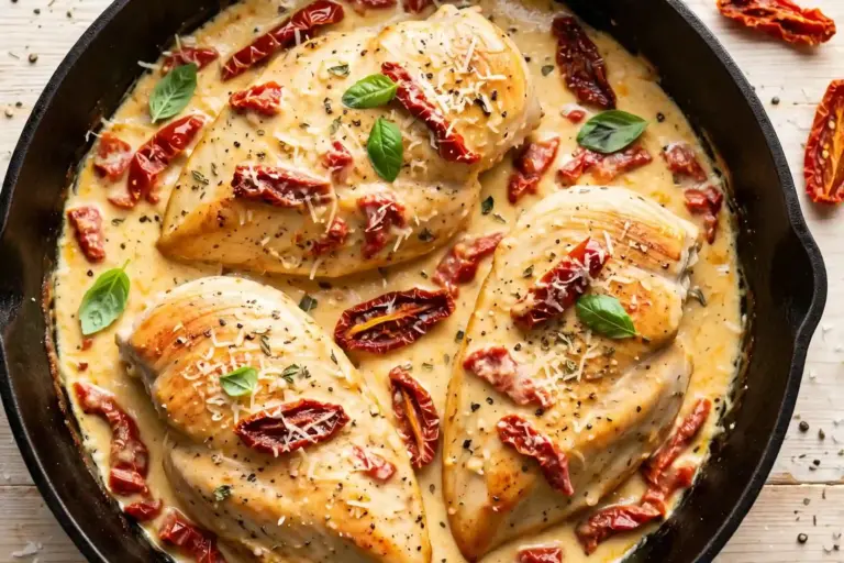 Marry Me Chicken 3 Marry me chicken in a skillet with creamy sun-dried tomato sauce and fresh basil