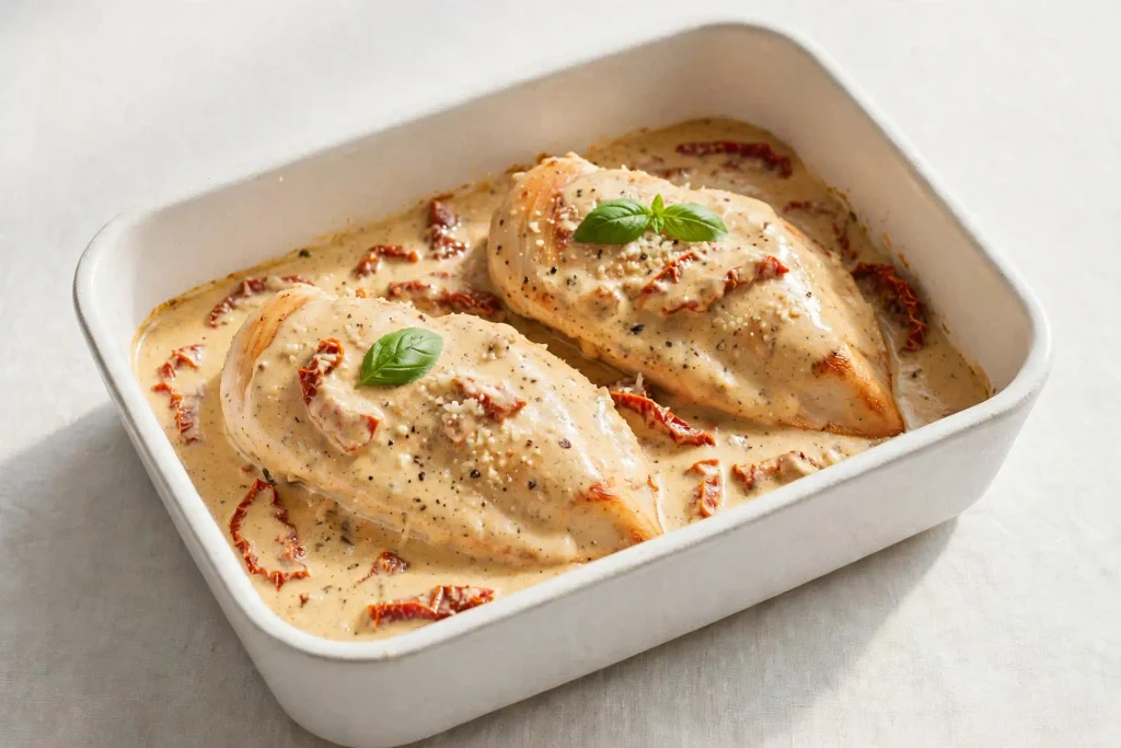 Marry me chicken and sauce stored in an airtight container