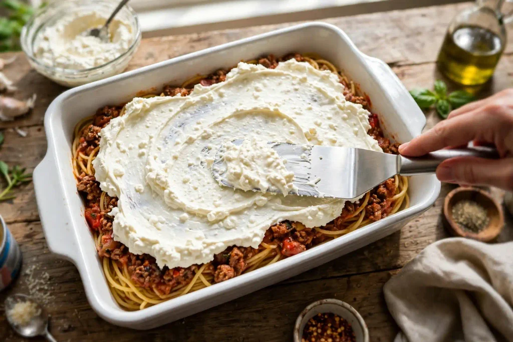 Million Dollar Spaghetti 3 spreading cream cheese mixture over a layer of buttered spaghetti before baking