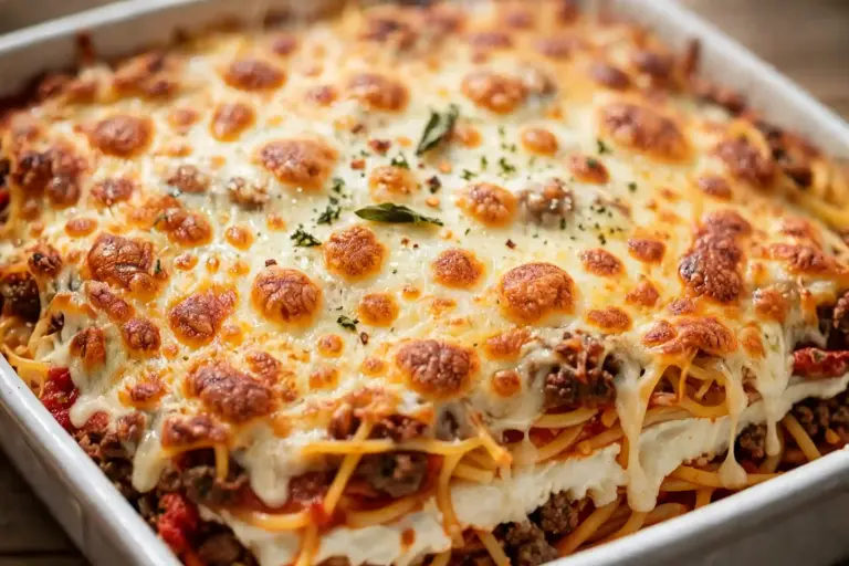 Million Dollar Spaghetti 3 baked million dollar spaghetti casserole with melted cheese topping, overhead view in a ceramic dish