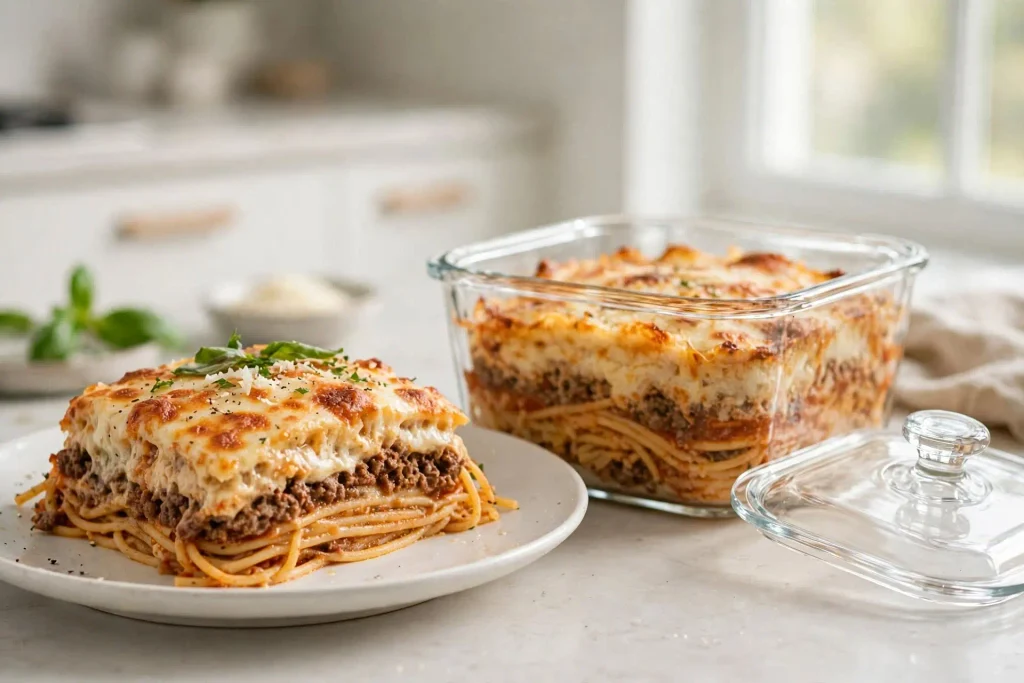 Million Dollar Spaghetti 4 million dollar spaghetti portioned into a glass storage container for meal prep