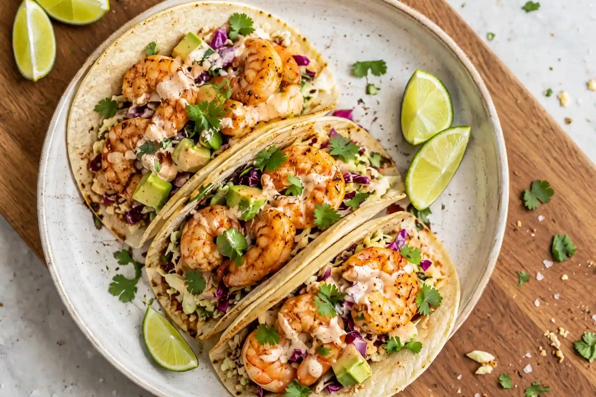 Shrimp Tacos 5 Overhead view of shrimp tacos with lime crema and cabbage slaw on corn tortillas