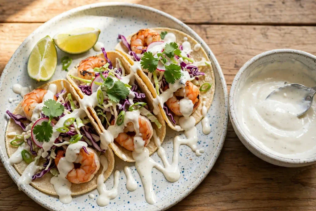 Shrimp Tacos 4 Shrimp tacos plated with lime wedges ready to serve