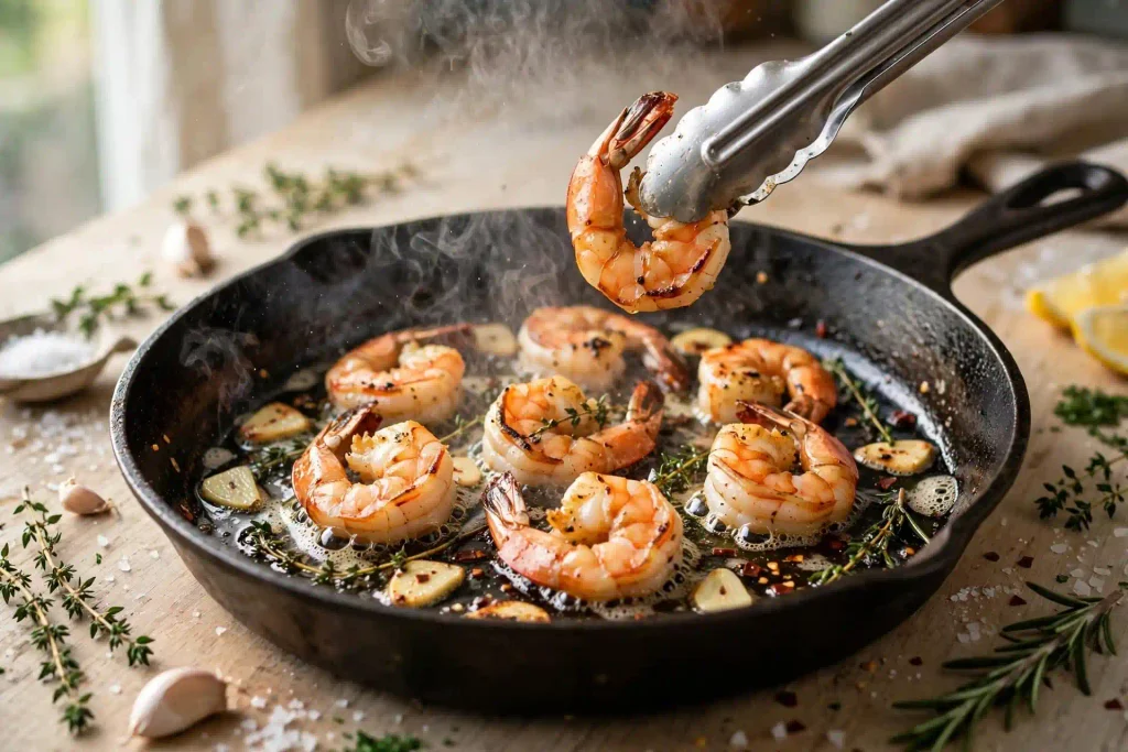 Shrimp Tacos 3 Shrimp searing in a cast iron skillet with visible browned edges