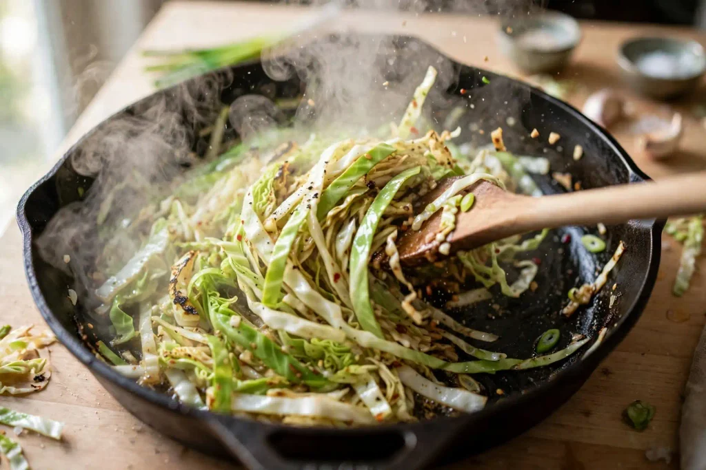 Egg Roll in a Bowl 3 Stir-frying cabbage and carrots for egg roll in a bowl