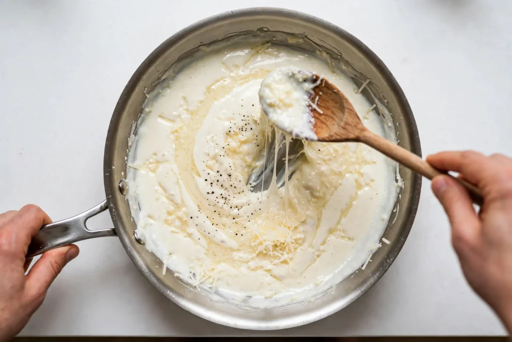 Stirring grated parmesan into marry me chicken sauce off the heat