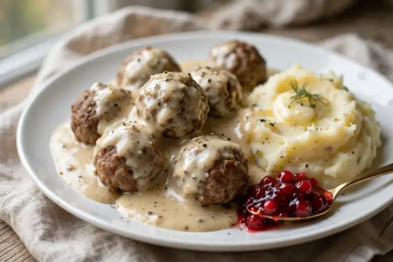 Swedish Meatballs 6 Plate of Swedish meatballs coated in cream gravy beside mashed potatoes and lingonberry jam