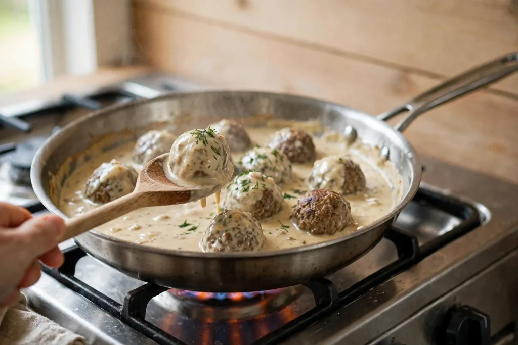Swedish Meatballs 3 Skillet of Swedish meatballs simmering in cream gravy, viewed from above on stove
