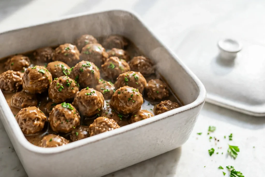 Swedish Meatballs 4 Ceramic container of leftover Swedish meatballs in cream gravy ready for the refrigerator