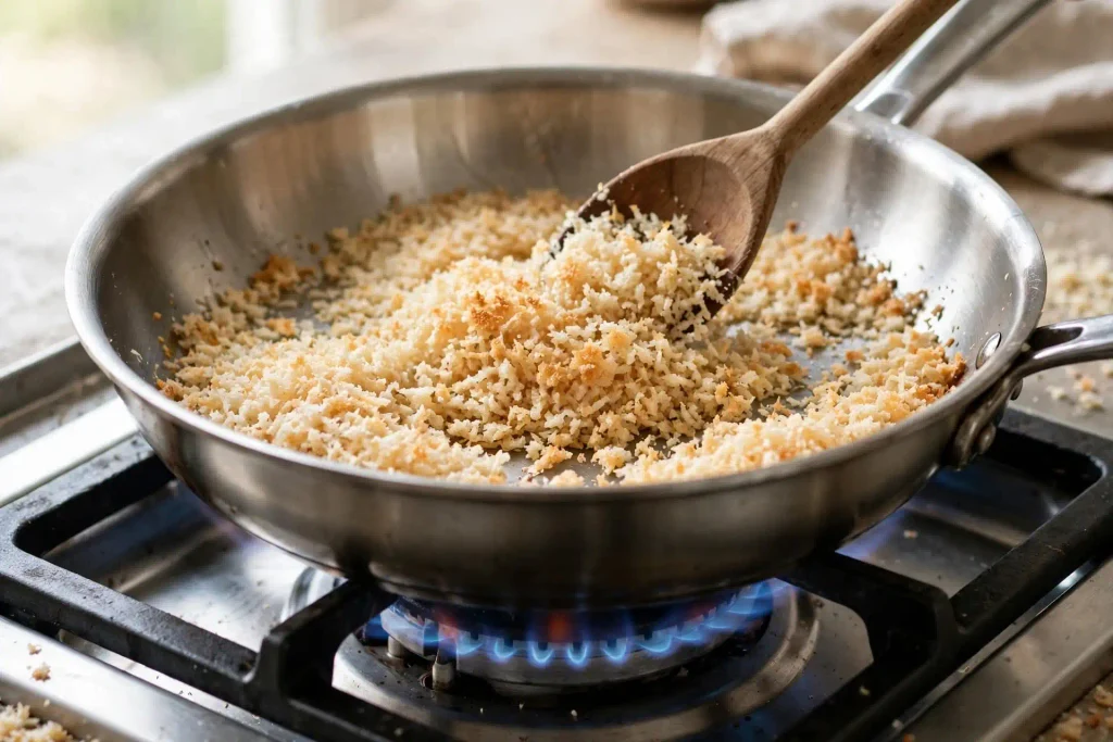 Tuna Noodle Casserole 3 Toasting panko breadcrumbs for tuna noodle casserole topping in a dry skillet
