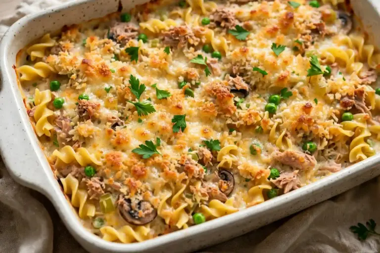 Tuna Noodle Casserole 5 Golden baked tuna noodle casserole with crisp panko topping in a ceramic dish, overhead view