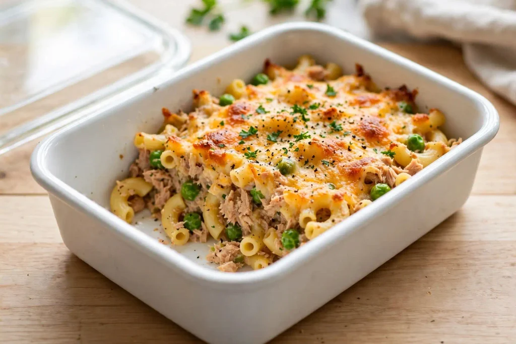 Tuna Noodle Casserole 4 Tuna noodle casserole leftovers packed into a glass container for the fridge