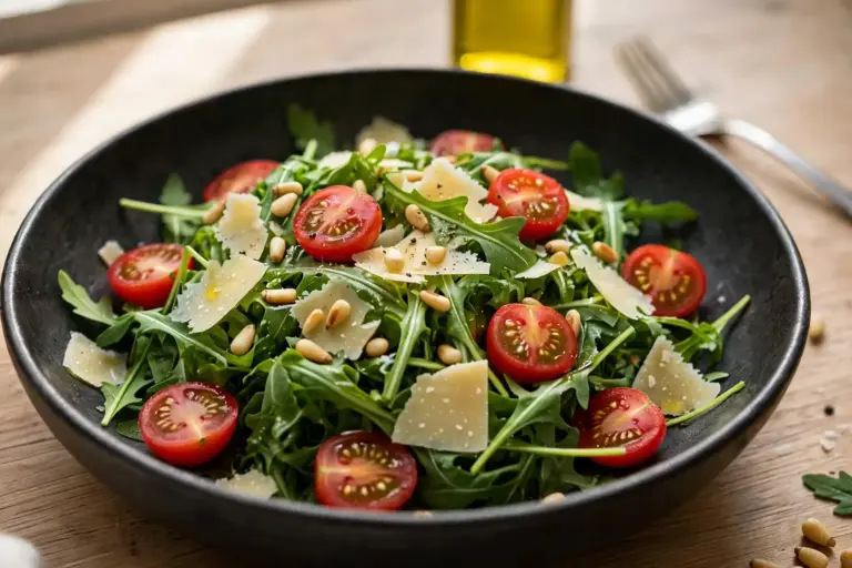 Fresh arugula salad with shaved Parmesan, pine nuts, and cherry tomatoes