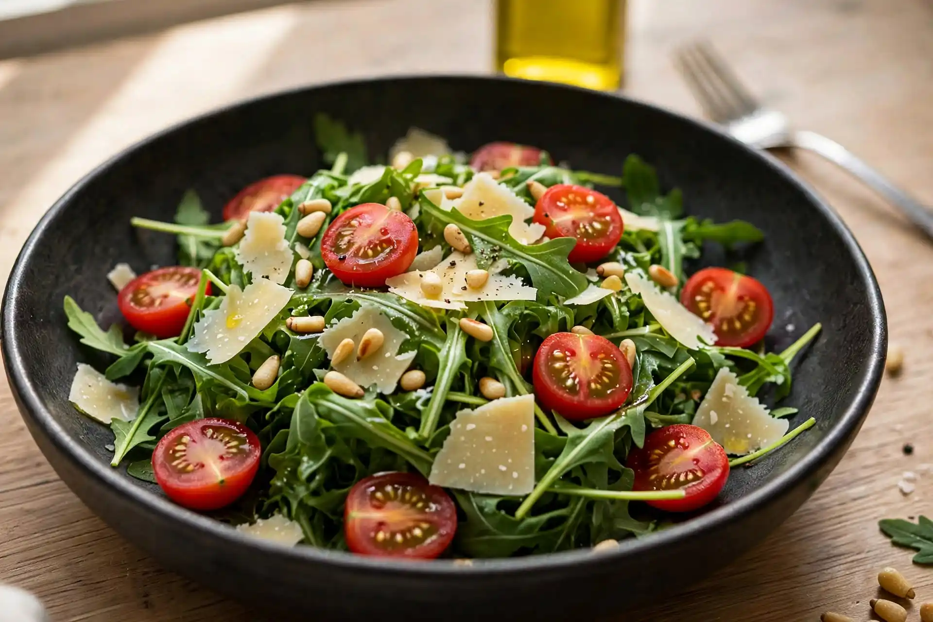 Arugula Salad 5 Fresh arugula salad with shaved Parmesan, pine nuts, and cherry tomatoes