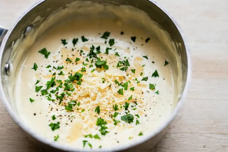 Alfredo Sauce 4 Creamy alfredo sauce in a saucepan with fresh Parmesan and parsley garnish