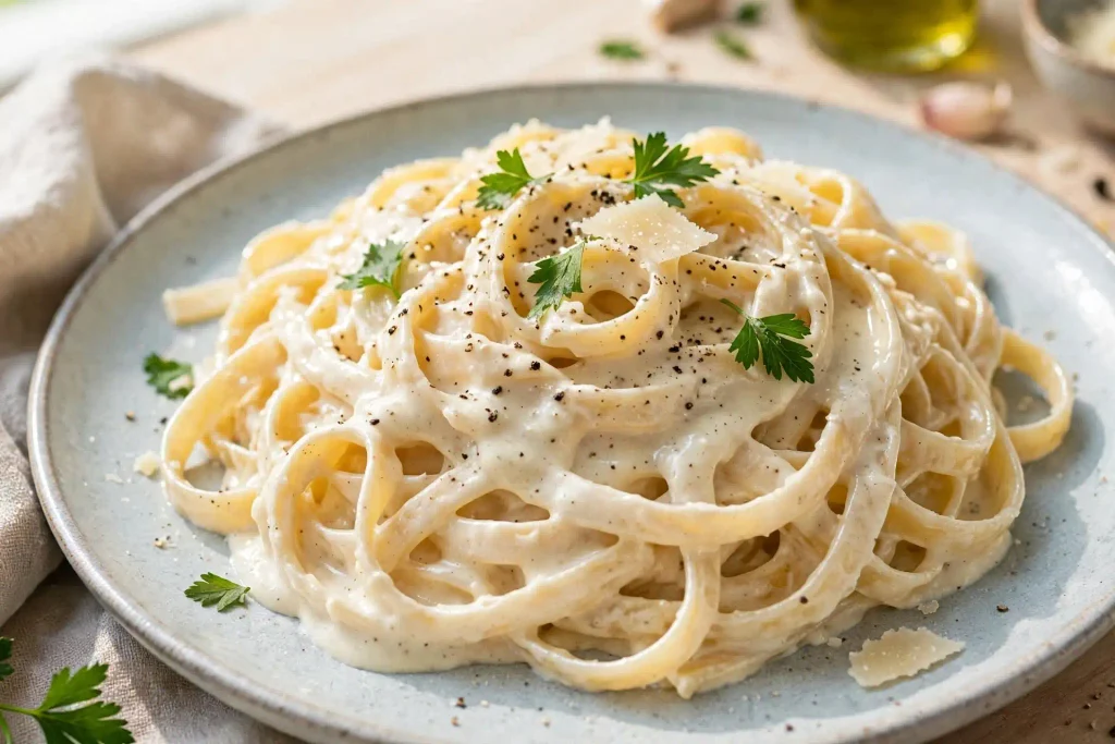 Alfredo Sauce 4 Alfredo sauce tossed with fettuccine pasta on a plate with cracked pepper