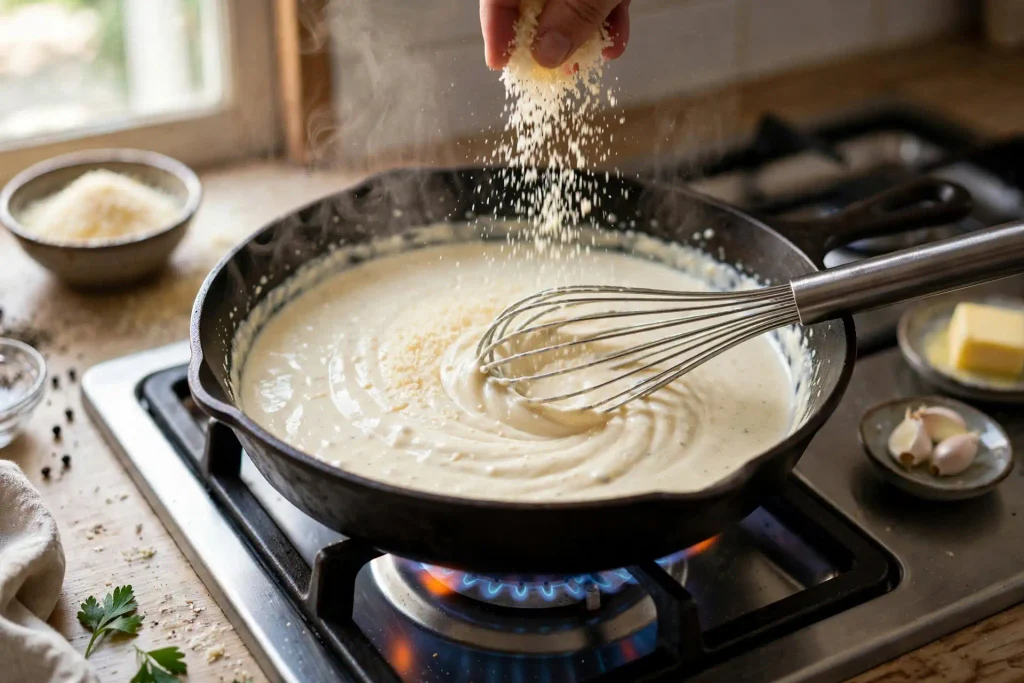 Alfredo Sauce 3 Grated Parmesan being whisked into hot cream off the heat for alfredo sauce