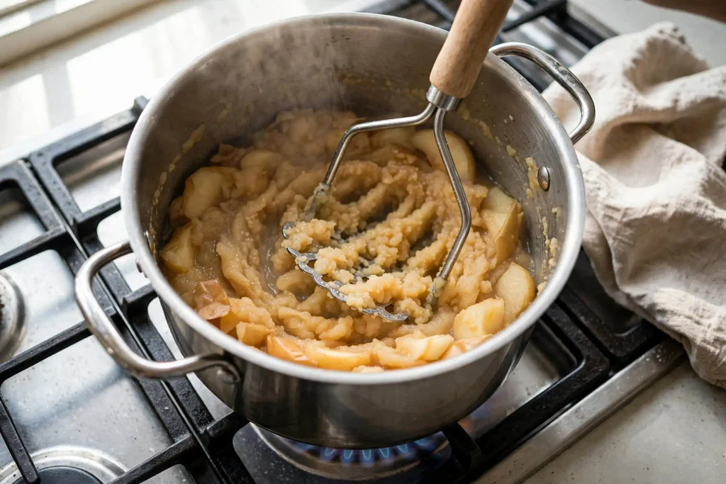 Apple Cider 3 mashing softened apples in a pot while making homemade apple cider