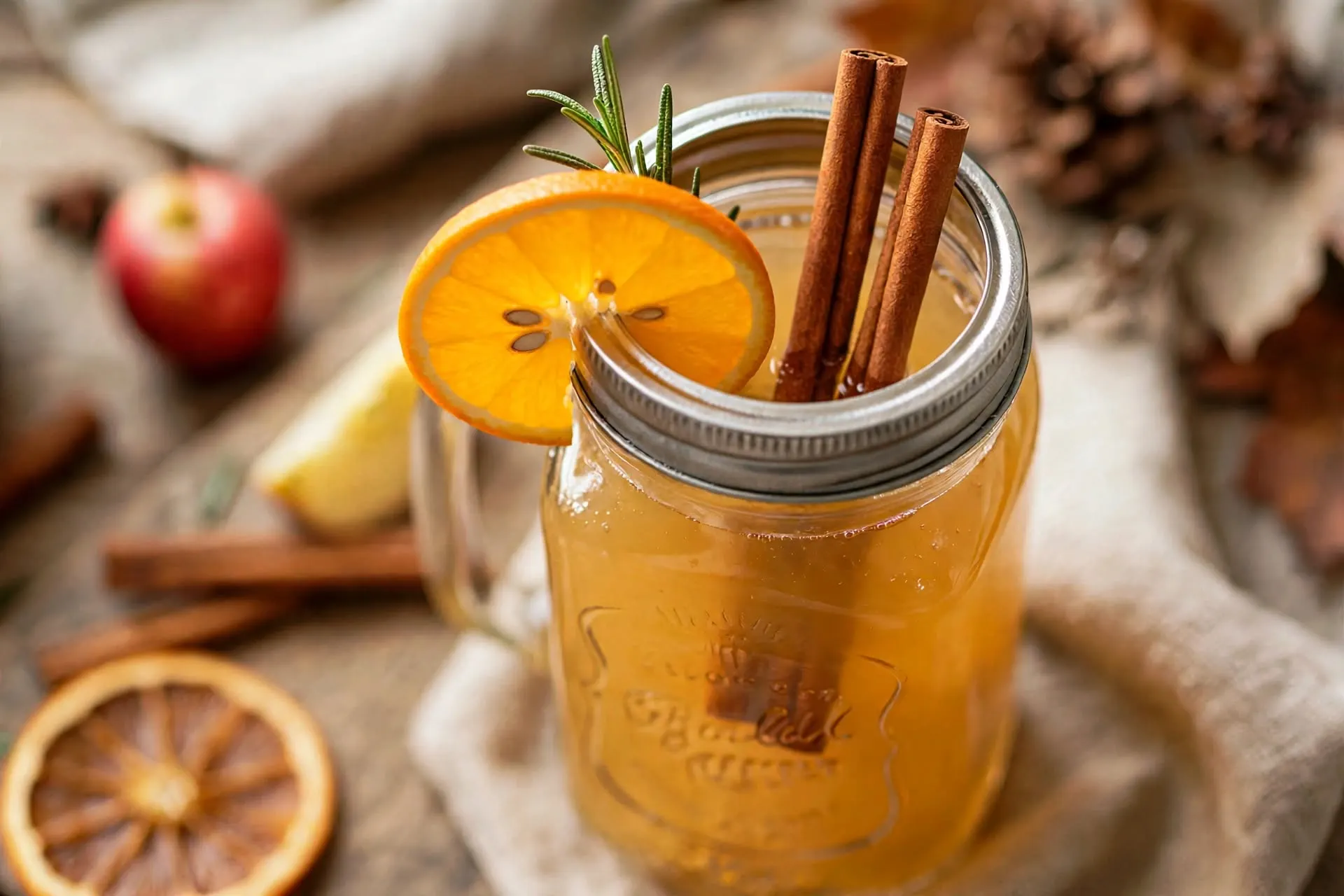 Apple Cider 5 manson jar of homemade apple cider simmering with cinnamon sticks and orange wheel