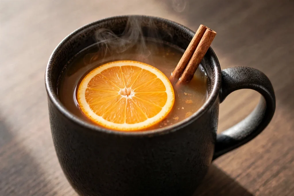Apple Cider 4 mug of warm homemade apple cider garnished with cinnamon stick and orange slice