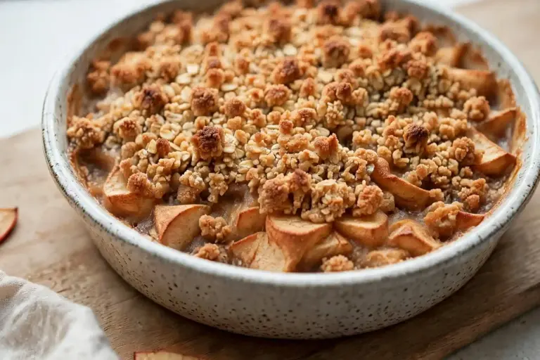 Apple Crumble 5 Baked apple crumble in a dish with golden crisp topping and apple filling visible