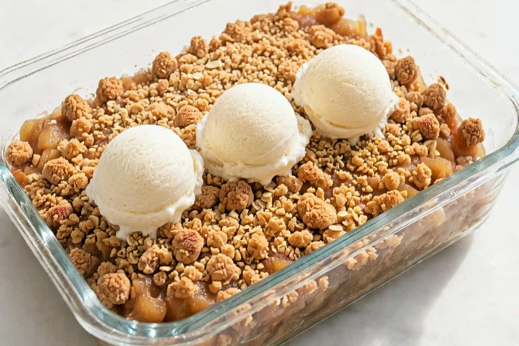 Apple Crumble 4 Apple crumble served in a bowl with a scoop of vanilla ice cream on top