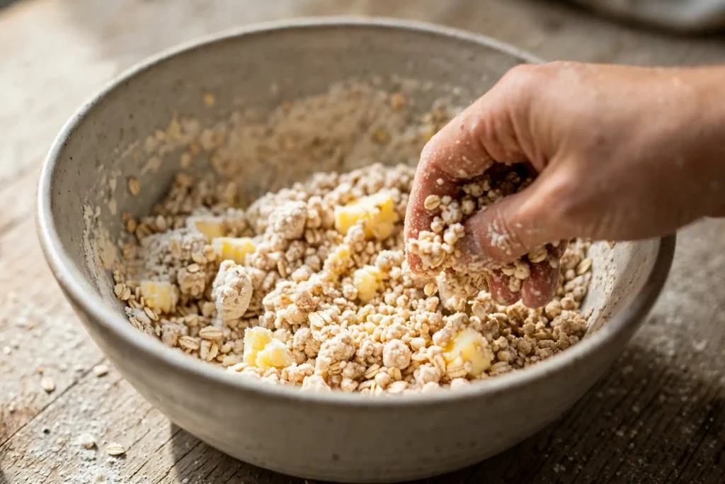Apple Crumble 3 Cold butter being worked into flour and oats for crumble topping by hand