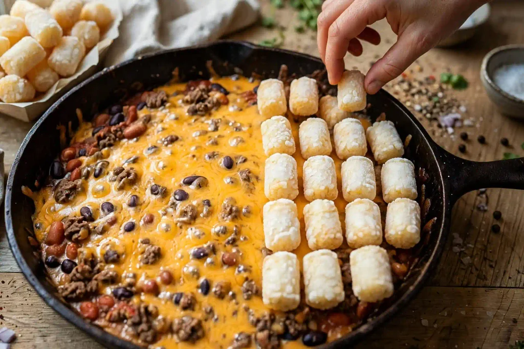 Cowboy Casserole 3 Frozen tater tots arranged in rows over melted cheddar on the beef and bean filling for cowboy casserole.