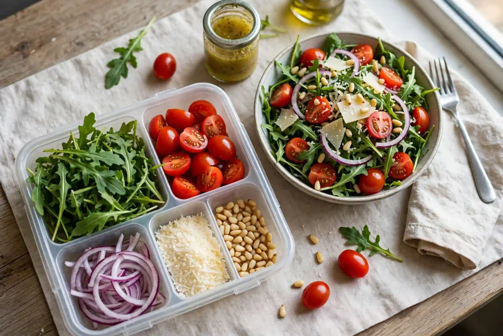Arugula Salad 4 Undressed arugula salad components stored separately for make-ahead prep
