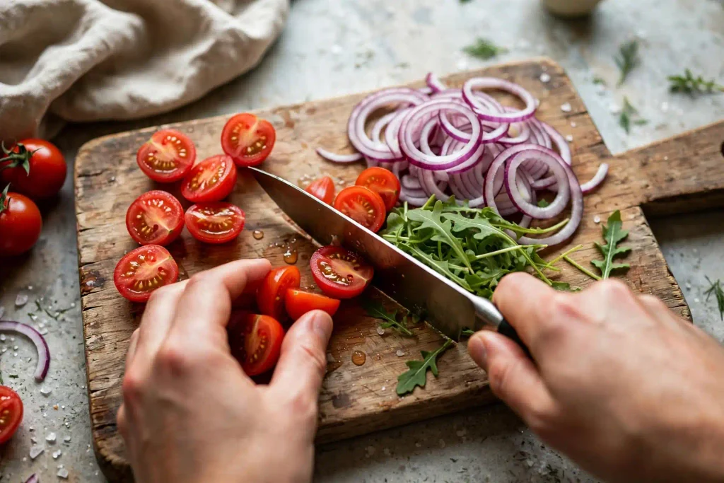 Arugula Salad 3 Hands slicing cherry tomatoes on a wooden board with fresh arugula and red onion rings for arugula salad