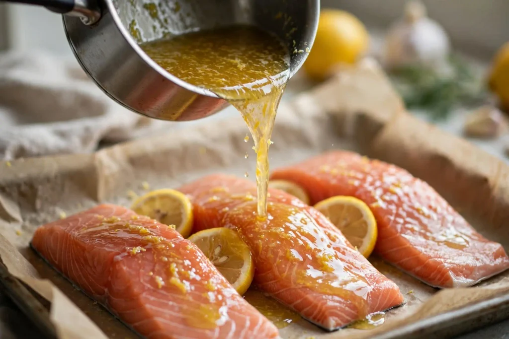 Lemon garlic butter glaze poured over raw salmon fillets arranged on a sheet pan before baking